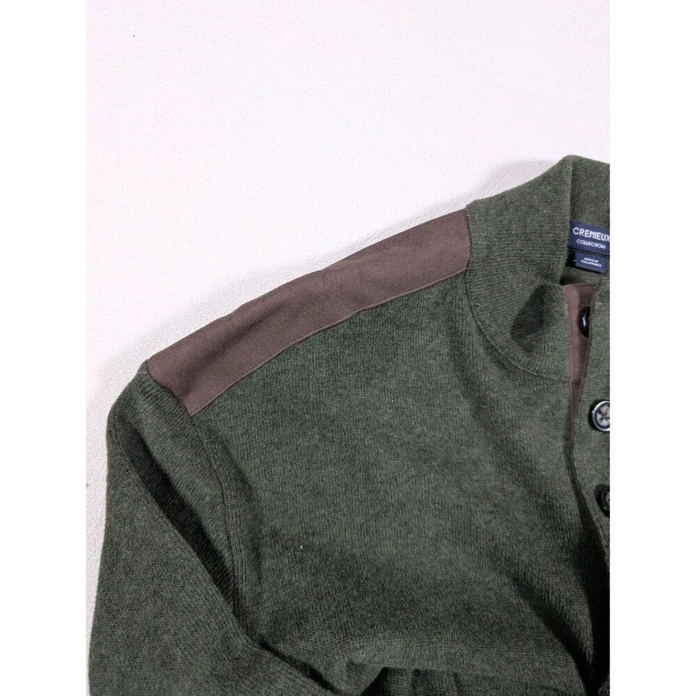 Cremieux Collection Sweater Mens L Green Henley Suede Shoulder Elbow Patch